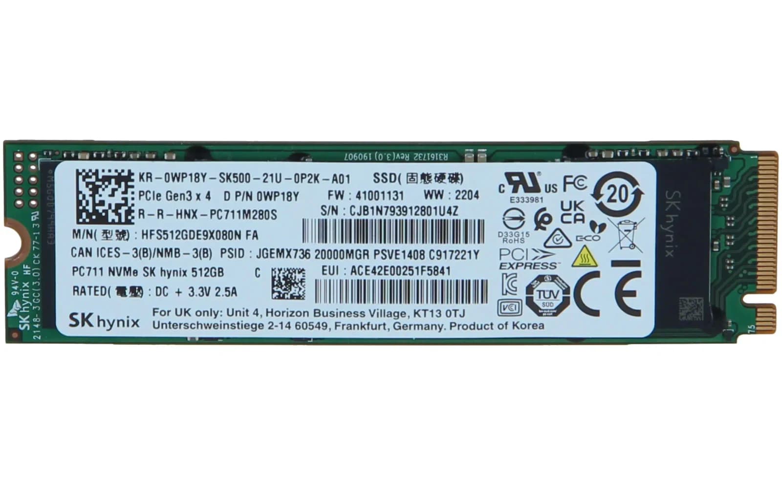 SK Hynix 512GB PC711 NVMe M.2 2280 SSD Solid State Drive (0WP18Y)