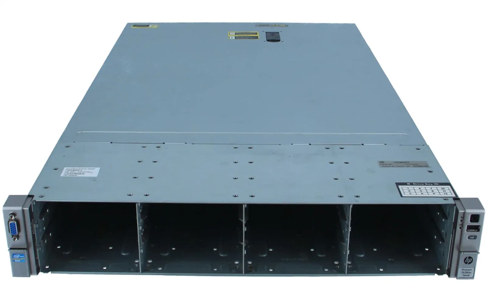 HP ProLiant DL380e Gen8, Сервер, rack-mountable, 2U, 2-way, no CPU, RAM 0 GB, SATA, hot-swap 3.5" bay(s), no HDD, Matrox G200, GigE, (669257-B21)