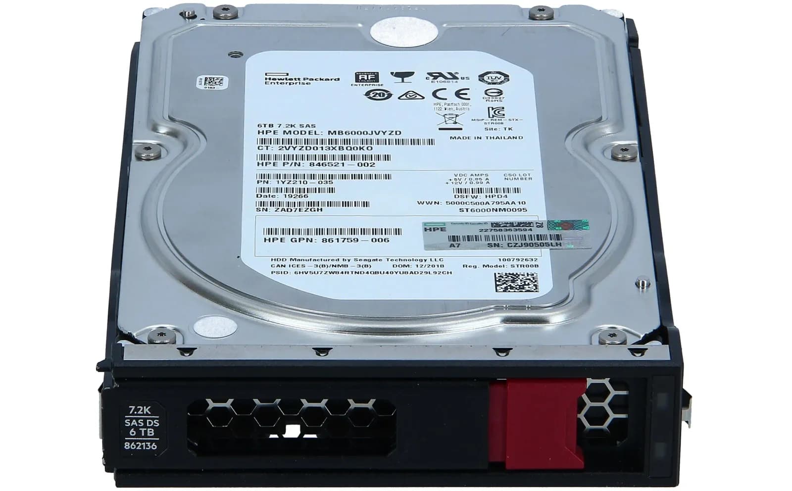 HPE Hard drive, 6 TB, hot-swap, 3.5" LFF, SAS 12Gb/s, 7200 rpm, with HPE Low Profile carrier (862136-001)