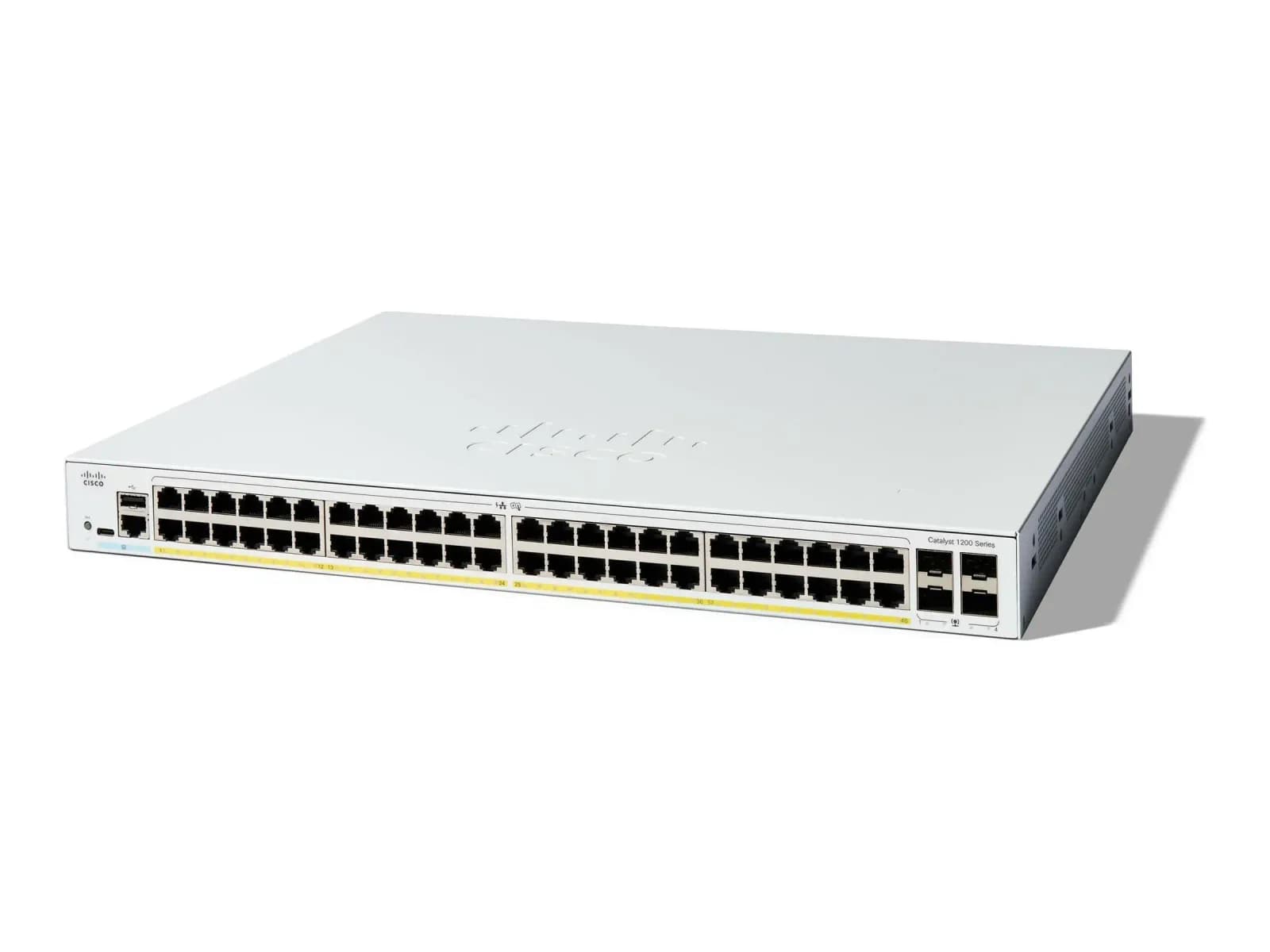 Cisco Catalyst 1200, Switch, L3, smart, 48 x 10/100/1000 (PoE+) + 4 x Gigabit SFP, rack-mountable, PoE+ (375 W) (C1200-48P-4G)