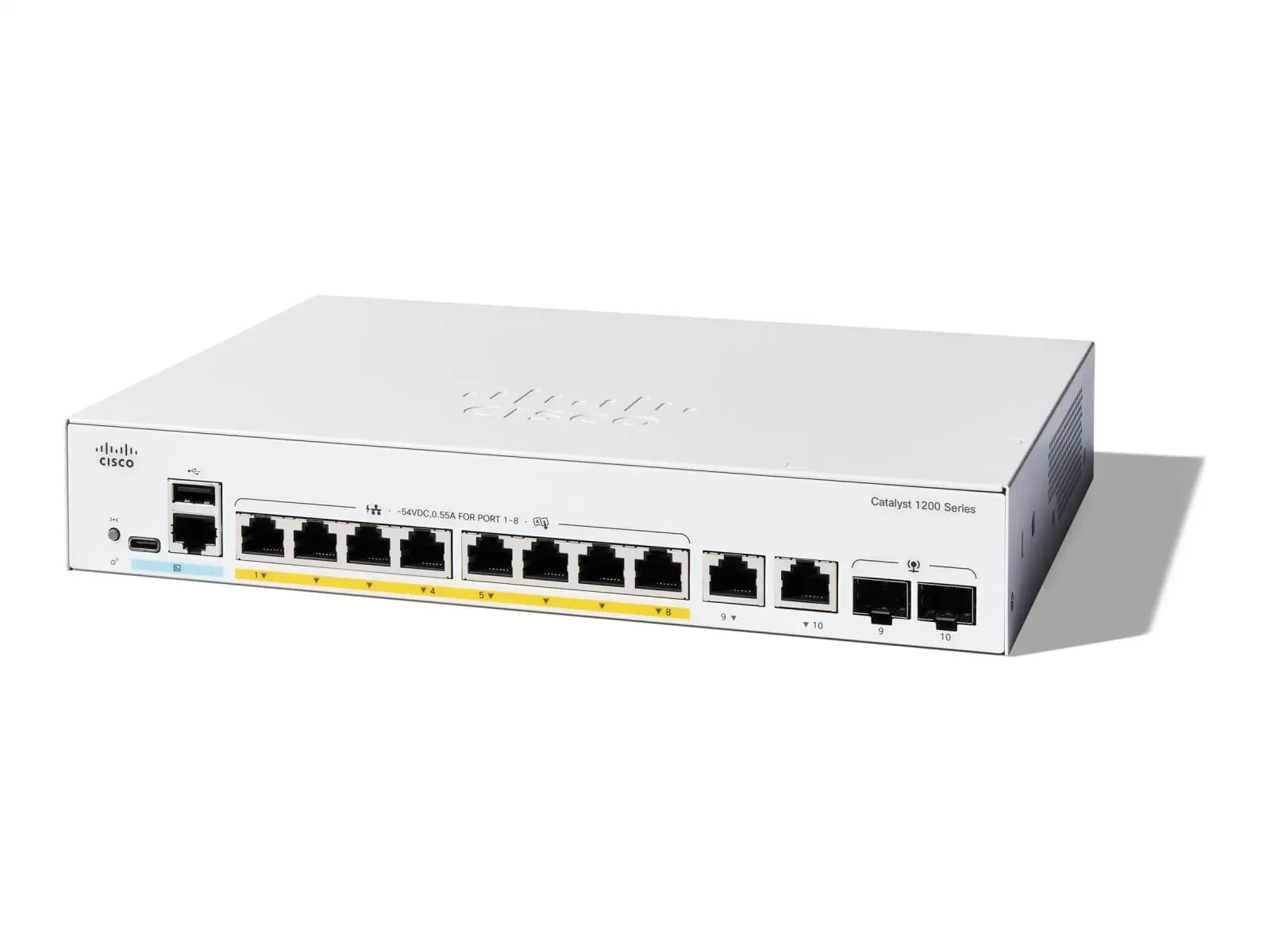 Cisco Catalyst 1200, Switch, L3, smart, 8 x 10/100/1000 (PoE+) + 2 x combo Gigabit SFP/RJ-45, rack-mountable, PoE+ (120 W) (C1200-8FP-2G)