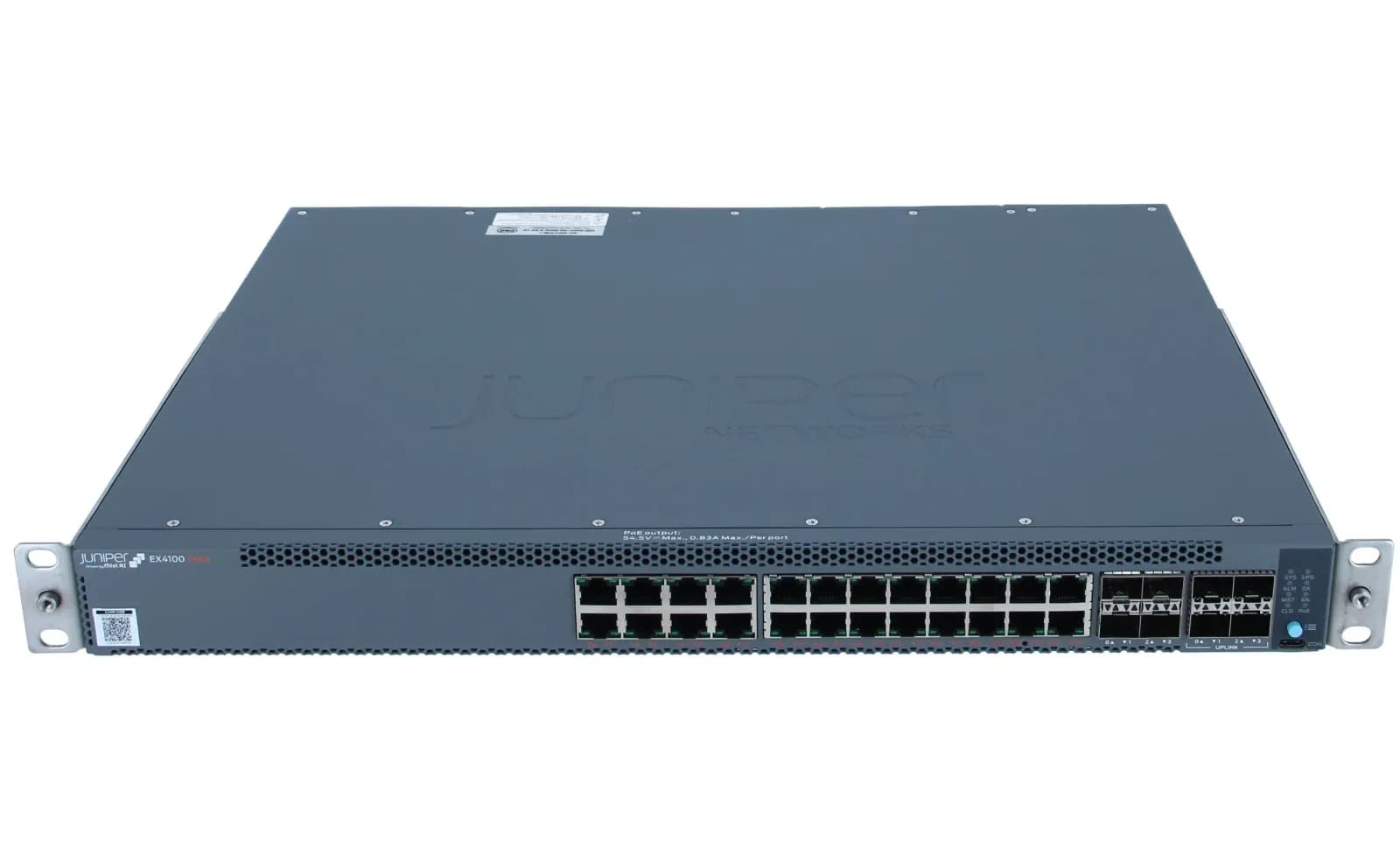 Juniper 24-port 10/100/1000BASE-T PoE+ switch, 4x10GbE uplinks, 4x25GbE stacking/uplink ports, 1x redundant fan JPSU-920-AC-AFO included (EX4100-24P)