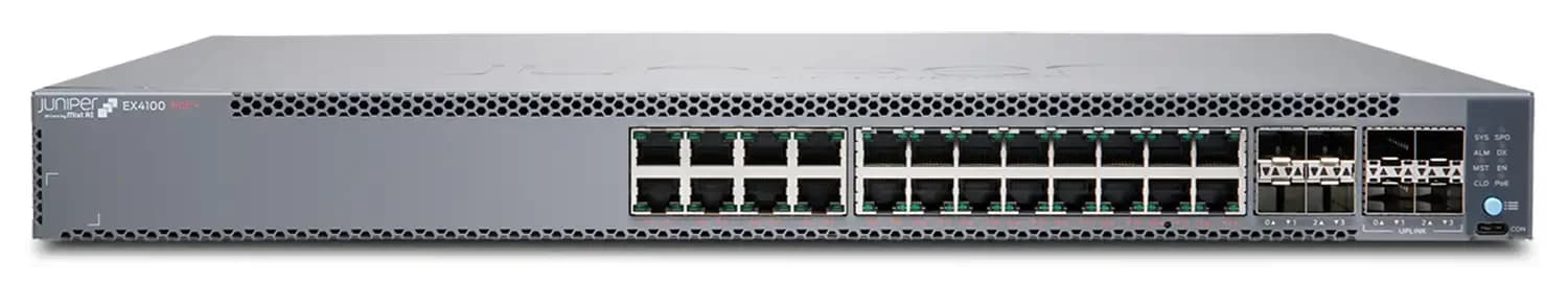 Juniper 24-port 10/100/1000BASE-T switch, 4x10GbE uplinks, 4x25GbE stacking/uplink ports, redundant fans, 1x JPSU-150-AC-AFO included (EX4100-24T)