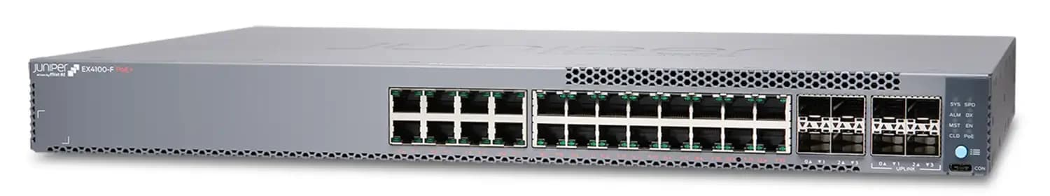 Juniper 24-port 10/100/1000BASE-T PoE+ switch, 4x1GbE/10GbE SFP/SFP+ uplinks, 4x10GbE stacking/uplink ports (EX4100-F-24P)