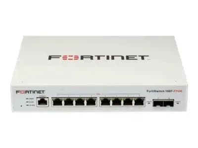 Fortinet Layer 2 FortiGate switch controller compatible PoE+ switch with 8 x GE RJ45 ports, 2 x GE SFP, Fanless with
automatic Max 130W POE (FS-108F-FPOE)