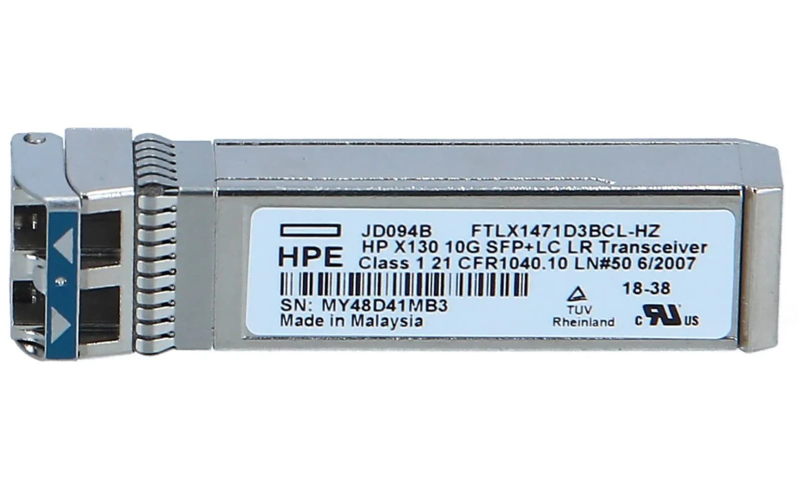 HPE X130, SFP+ transceiver module, 10 GigE, 10GBase-LR, LC single-mode, 10 km, 1310 nm (JD094B)