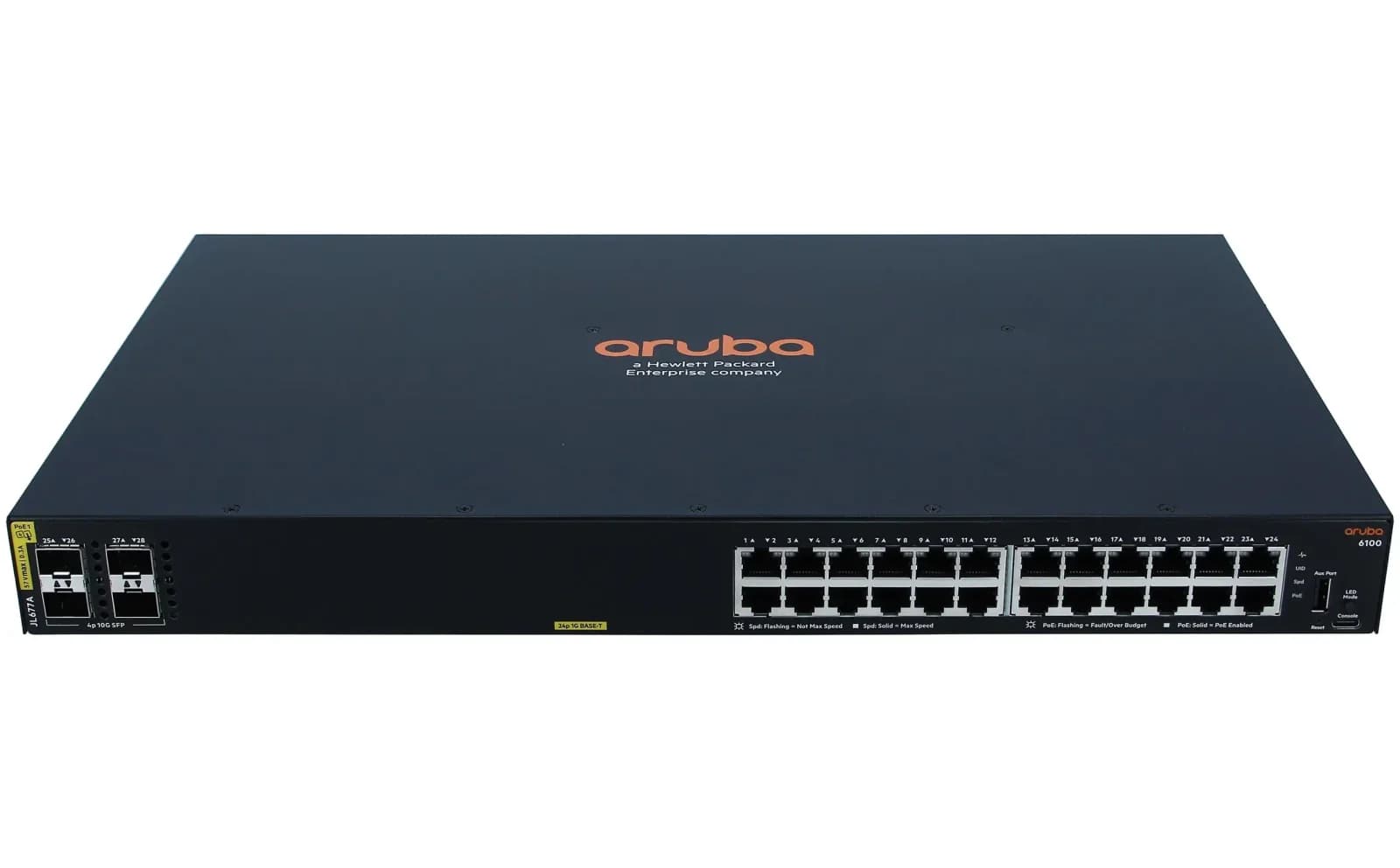 HPE Aruba 6100 24G Class4 PoE 4SFP+, Switch, L3, Managed, 24 x 10/100/1000 (PoE+) + 4 x 1 Gigabit / 10 Gigabit SFP+, side to side airflow, (JL677AABB)