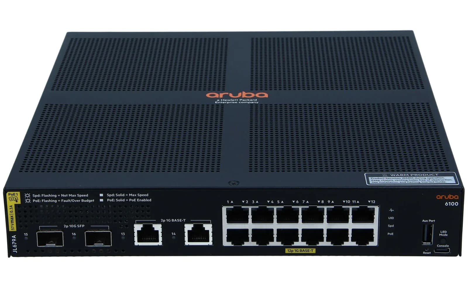 HPE Aruba 6100 12G Class4 PoE 2G/2SFP+ 139W Switch, Switch, L3, Managed, 12 x 10/100/1000 (PoE+) + 2 x 1 Gigabit / 10 Gigabit SFP+ + 2 x (JL679A)