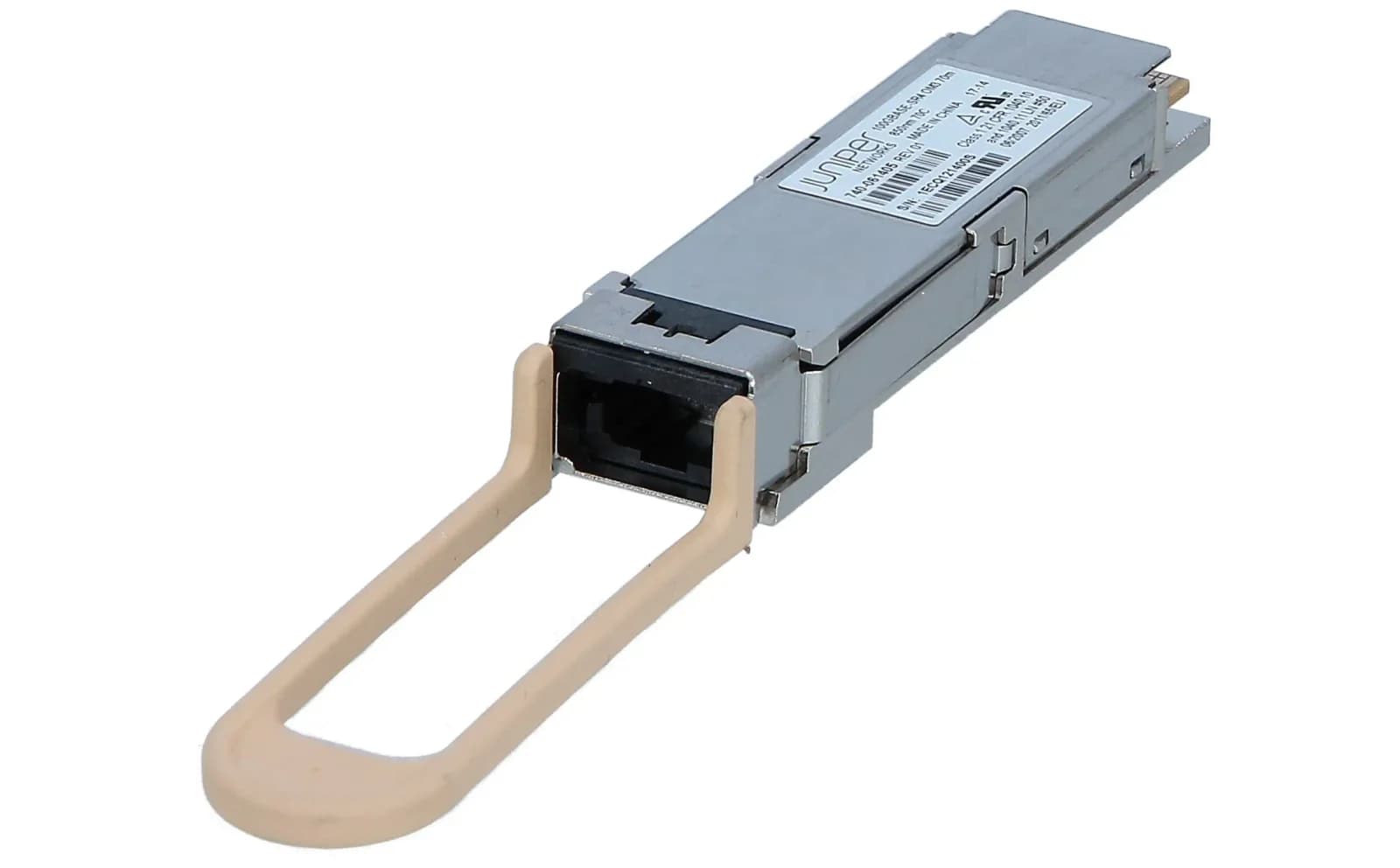 Juniper QSFP28 transceiver module, 100 Gigabit Ethernet, 100GBase-SR4, MPO/UPC multi-mode, up to 100 m, 840-860 nm (JNP-QSFP-100G-SR4)