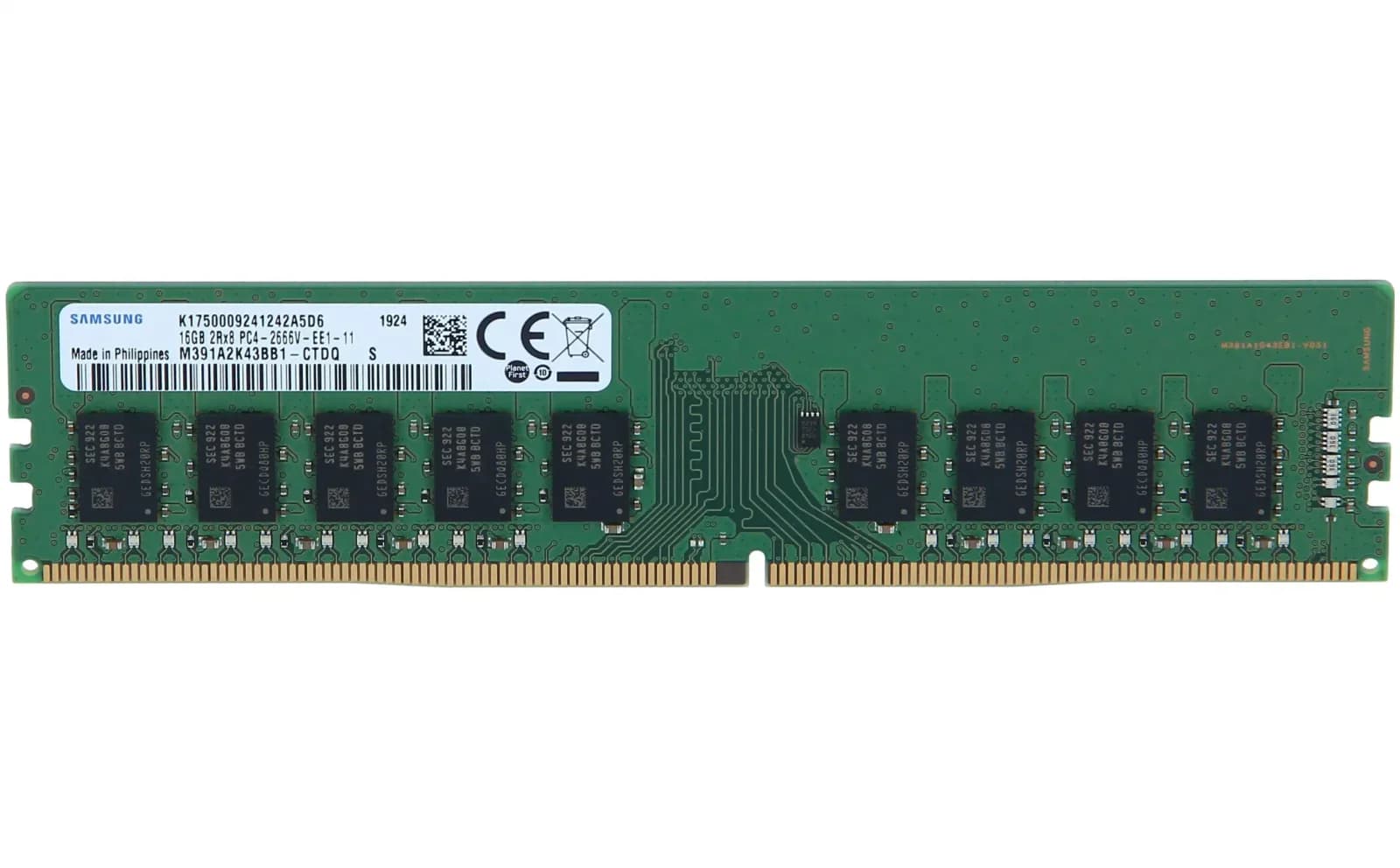 Samsung DDR4, module, 16 GB, DIMM 288-pin, 2666 MHz / PC4-21300, CL19, 1.2 V, unbuffered, ECC (M391A2K43BB1-CTD)