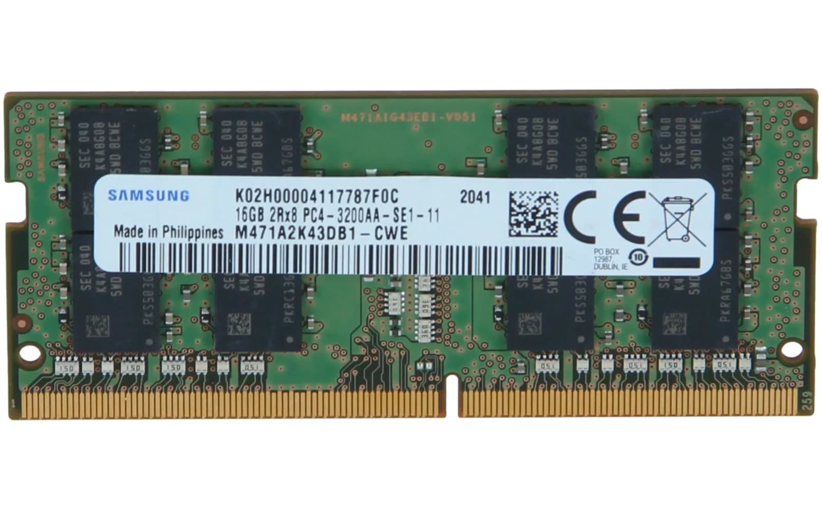 Samsung DDR4, module, 16 GB, SO-DIMM 260-pin, 3200 MHz / PC4-25600, 1.2 V, unbuffered, non-ECC (M471A2K43DB1-CWE)