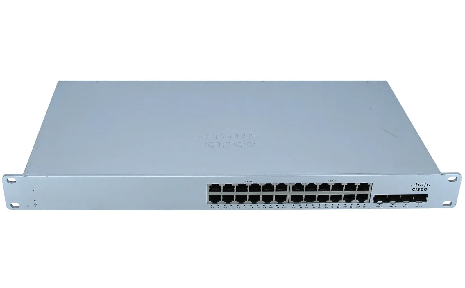 Cisco Meraki Cloud Managed MS210-24P, Switch, Managed, 24 x 10/100/1000 (PoE+) + 4 x Gigabit SFP (uplink), desktop, rack-mountable, PoE+ (MS210-24P-HW)