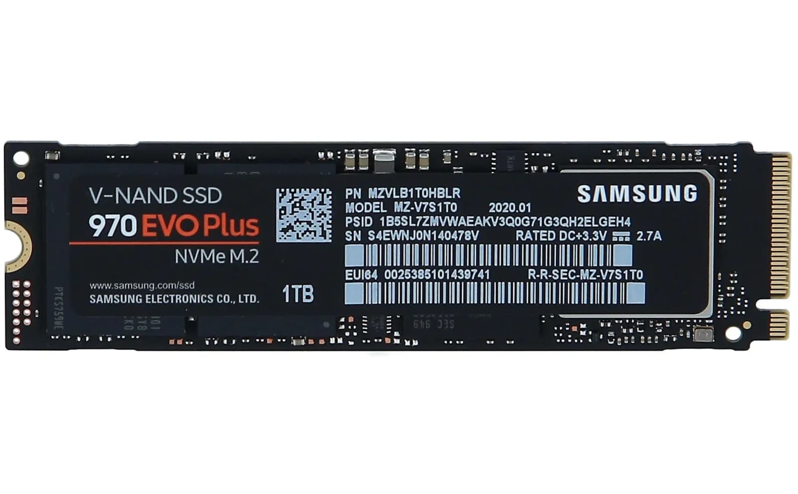 Samsung 970 EVO Plus MZ-V7S1T0BW, SSD, encrypted, 1 TB, internal, M.2 2280, PCIe 3.0 x4 (NVMe), buffer: 1 GB, 256-bit AES, TCG Opal (MZ-V7S1T0BW)