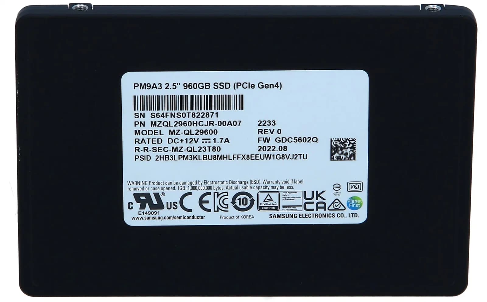 Samsung PM9A3 MZQL2960HCJR, SSD, 960 GB, internal, 2.5", U.2 PCIe 4.0 x4 (NVMe) (MZQL2960HCJR-00A07)
