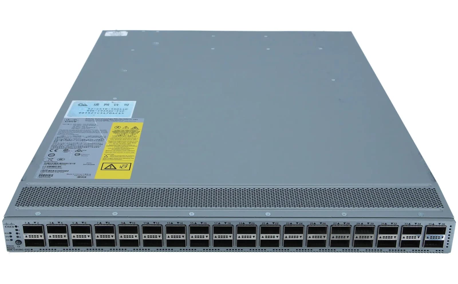 Cisco Nexus 9336C-FX2, Switch, L3, Managed, 36 x 100 Gigabit QSFP28 / 40 Gigabit QSFP28, front and side to back, rack-mountable (N9K-C9336C-FX2)