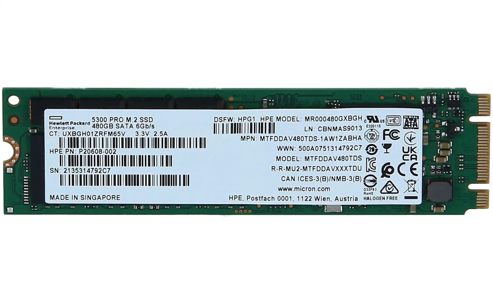 HPE Read Intensive, SSD, 480 GB, internal, M.2 2280, SATA 6Gb/s, Multi Vendor (P47818-B21)