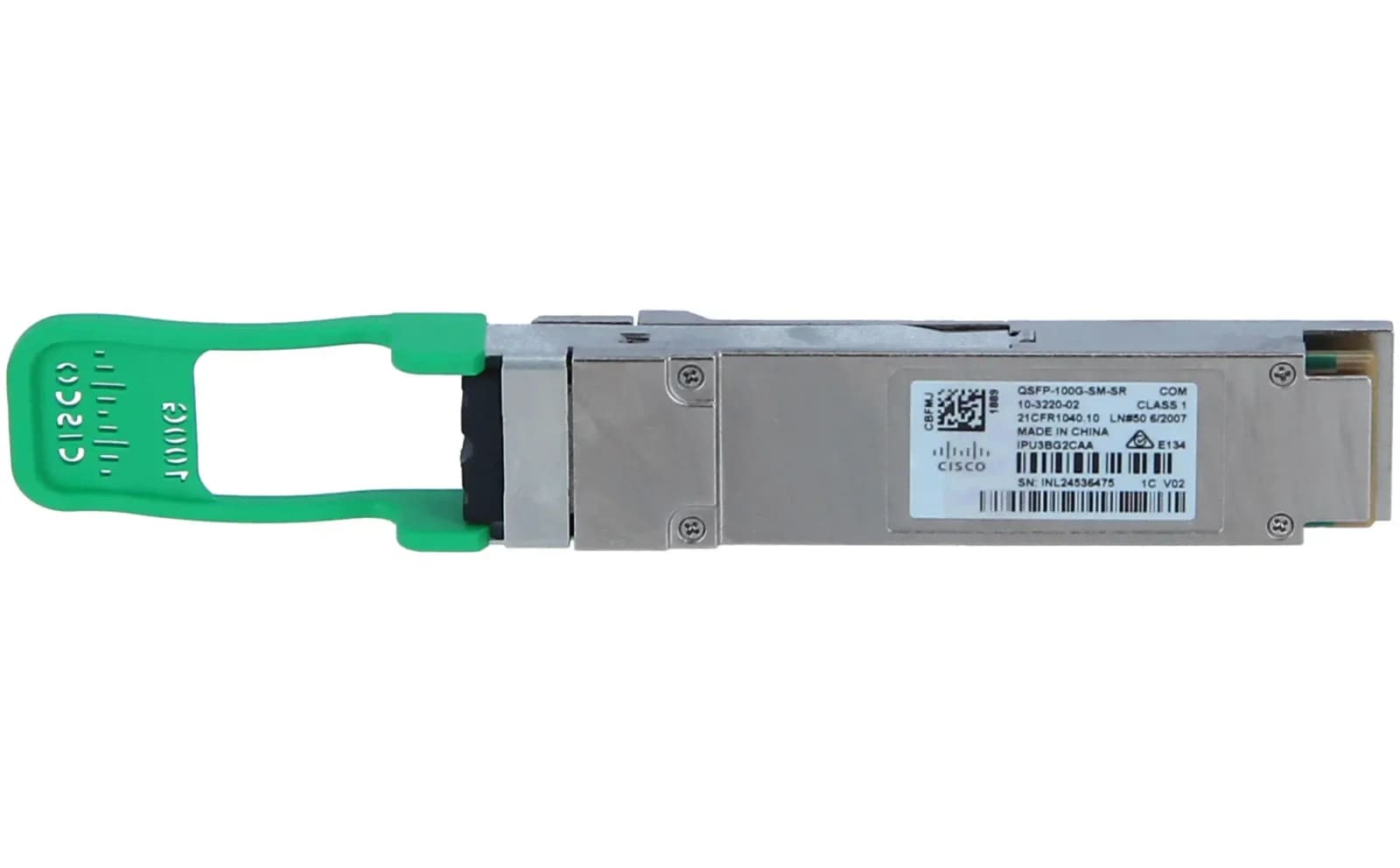 Cisco QSFP28 transceiver module, 100 Gigabit Ethernet, 100GBase-CWDM4 Lite, LC single-mode, 2 km, 1271 nm / 1291 nm / 1311 nm / 1331 nm (QSFP-100G-SM-SR)