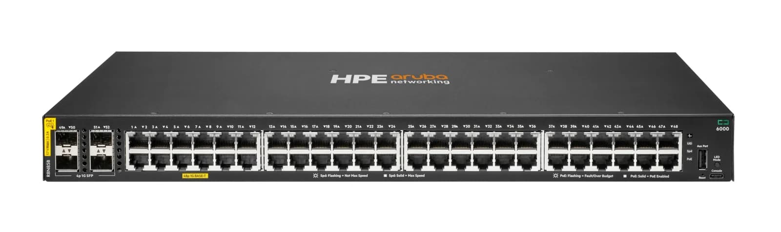 HPE Aruba Networking CX 6000 48p 10M/100M/1G Class4 PoE 4p SFP 1G 370W Switch (R8N85B)