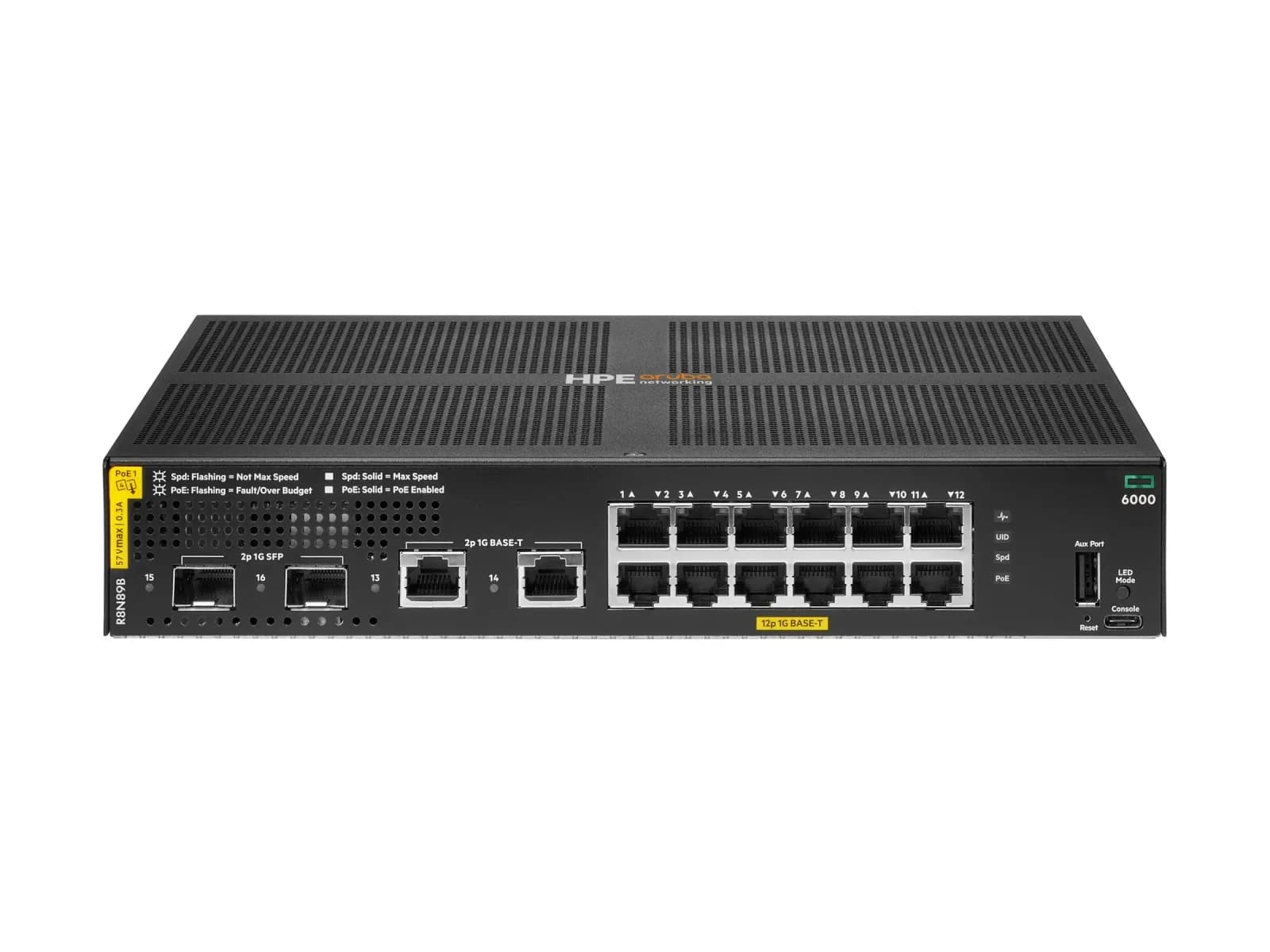 HPE Aruba Networking CX 6000, Switch, Managed, 12 x 10/100/1000 (PoE+) + 2 x Gigabit SFP (uplink) + 2 x Gigabit, RJ-45, rack-mountable, (R8N89B)