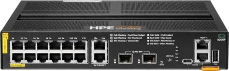 HPE Aruba 6200F 12G Class4 PoE 2G/2SFP+ 139W Switch, L3, Managed, 12 x 10/100/1000 (PoE+) + 2 x 100/1000 (uplink) + 2 x 1 Gigabit / 10 (R8Q72A)