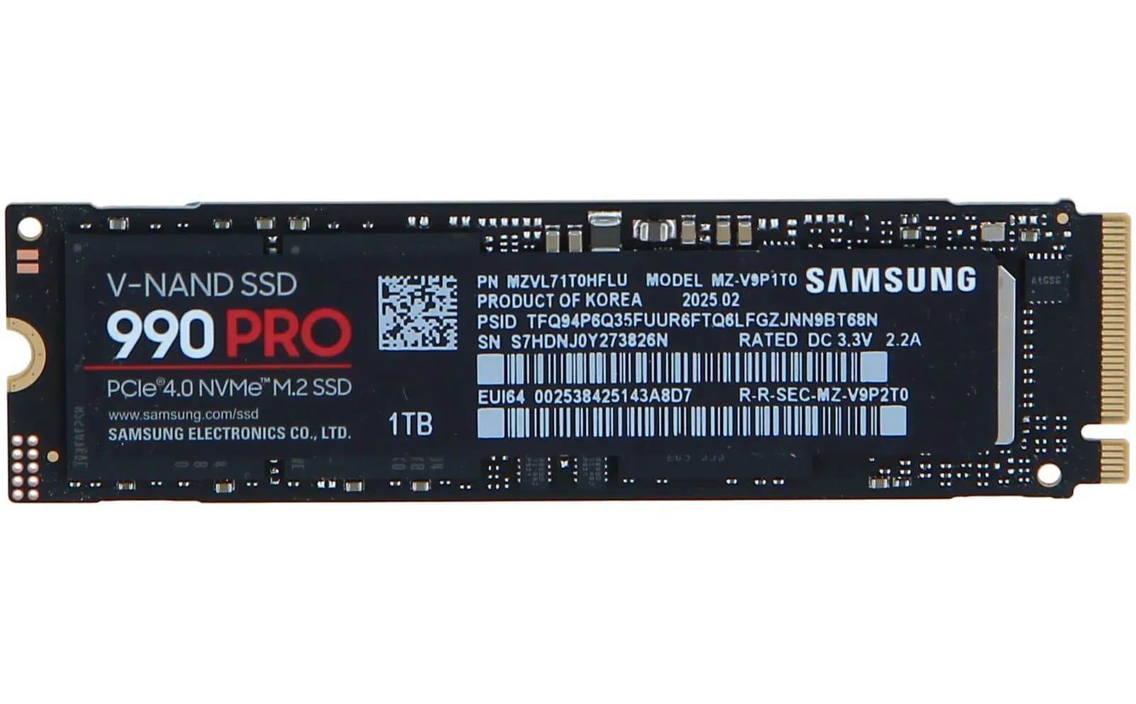 Samsung 990 PRO, SSD, encrypted, 1 TB, internal, M.2 2280, PCIe 4.0 x4 (NVMe), 256-bit AES, TCG Opal Encryption 2.0
