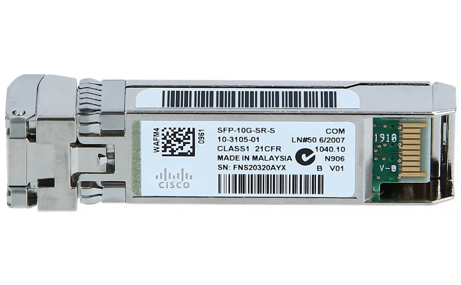 Cisco SFP+ transceiver module, 10 GigE, 10GBase-SR, LC/PC multi-mode, 400 m, 850 nm (SFP-10G-SR-S)