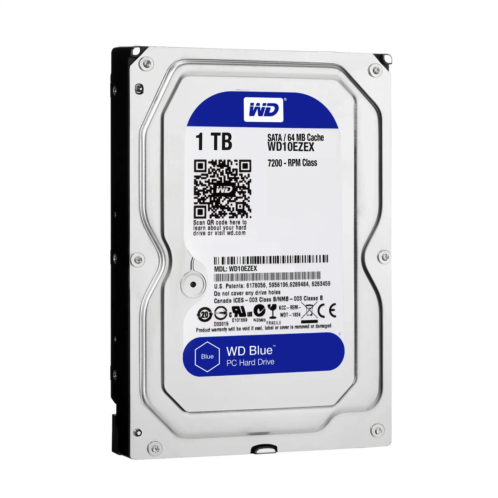Western Digital Blue, Hard drive, 1 TB, internal, 3.5", SATA 6Gb/s, 7200 rpm, buffer: 64 MB (WD10EZEX)