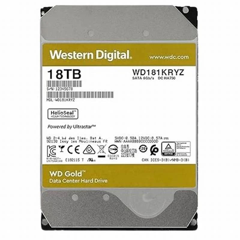 Western Digital Gold, Hard drive, 18 TB, internal, 3.5", SATA 6Gb/s, 7200 rpm, buffer: 512 MB (WD181KRYZ)