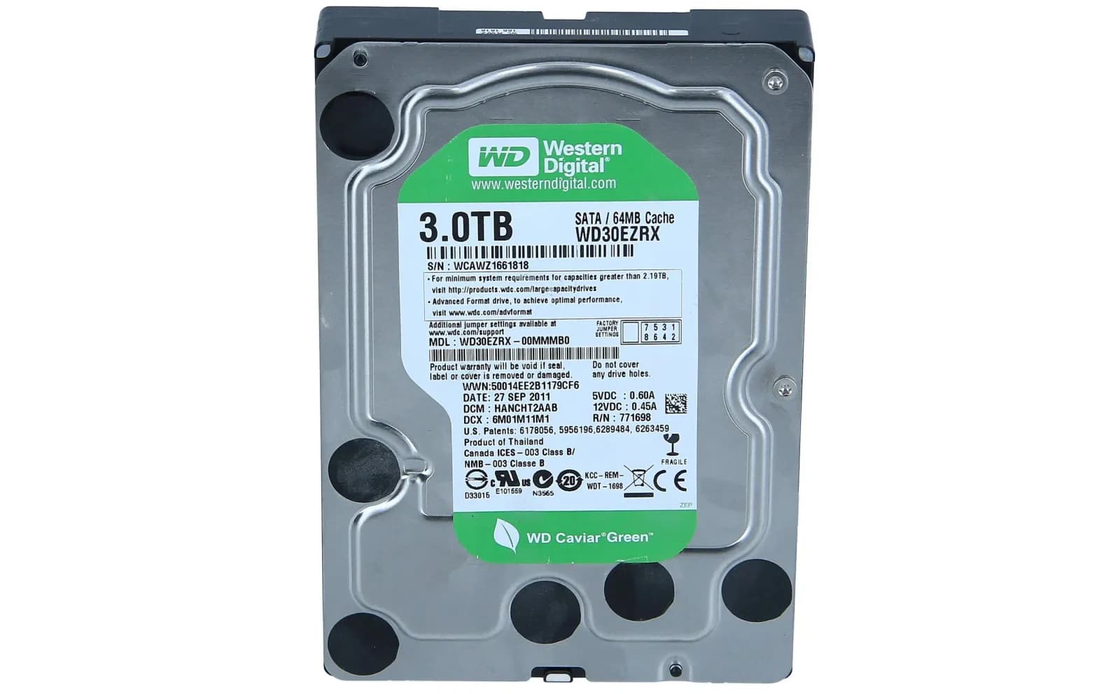 Western Digital Green, Hard drive, 3 TB, internal, 3.5", SATA 6Gb/s, buffer: 64 MB (WD30EZRX)