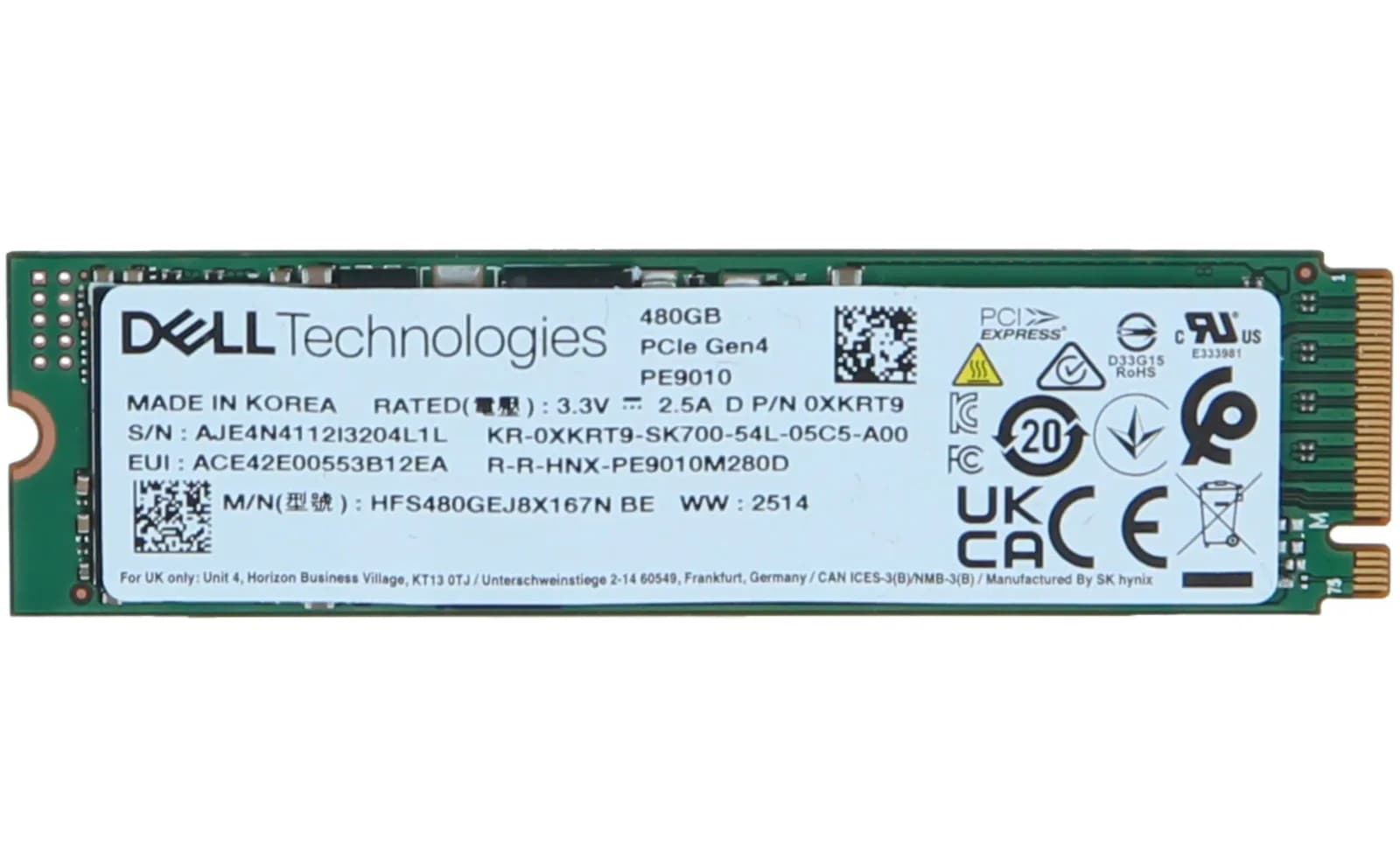 DELL 480GB SSD PCIe NVMe M.2 (2280) Gen4 SSD (XKRT9)
