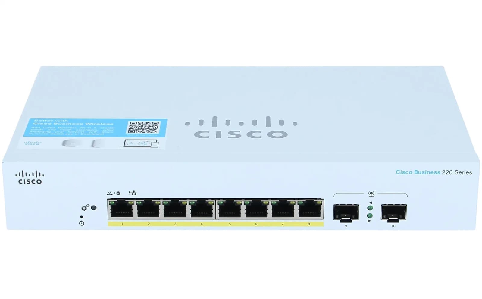 Cisco Business 220 Series CBS220-8P-E-2G, Switch, smart, 8 x 10/100/1000 (PoE+) + 2 x Gigabit SFP (uplink), rack-mountable, PoE+ (67 W) (CBS220-8P-E-2G-EU)
