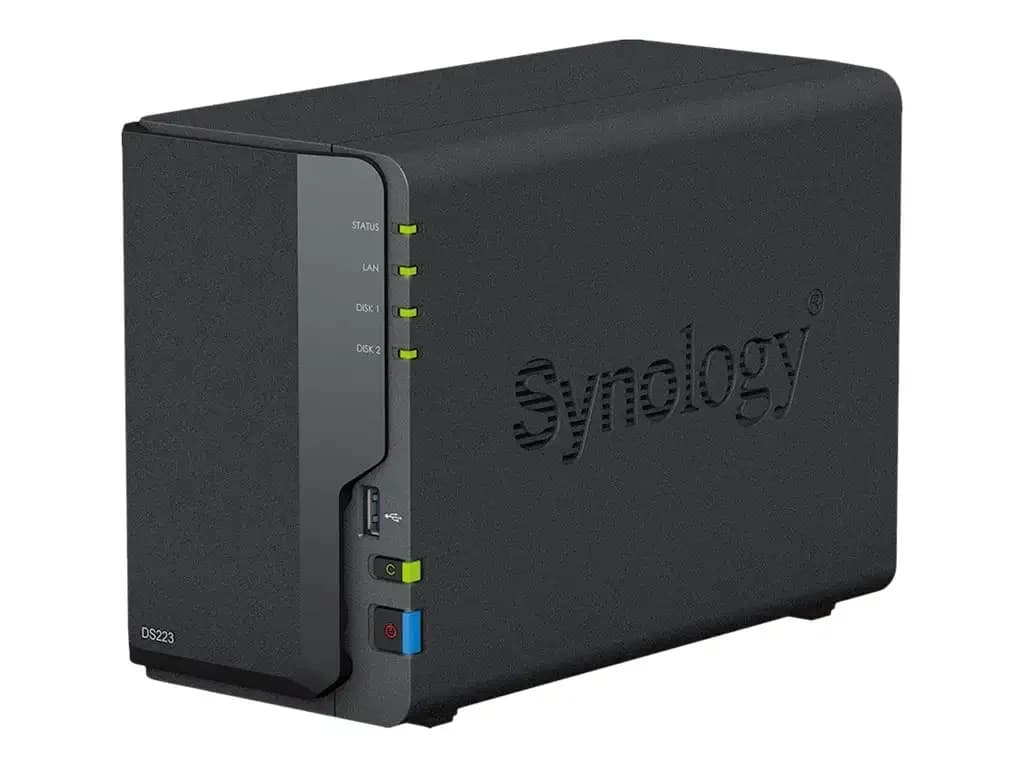 Synology NAS server, 2 bays, SATA 6Gb/s, RAID 0 1, JBOD, RAM 2 GB, Gigabit Ethernet, iSCSI support (DS223)