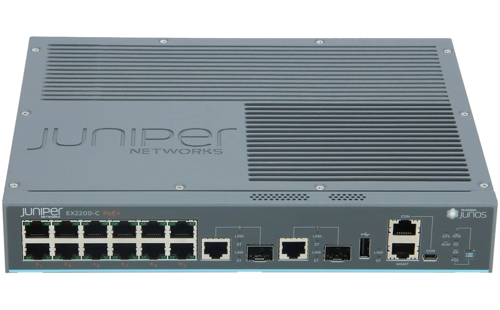 Juniper EX2200-C compact, fanless switch with 12-port 10/100/1000BaseT (12-ports PoE+) and 2 Dual-Purpose (10/100/1000BaseT or SFP) uplink (EX2200-C-12P-2G)
