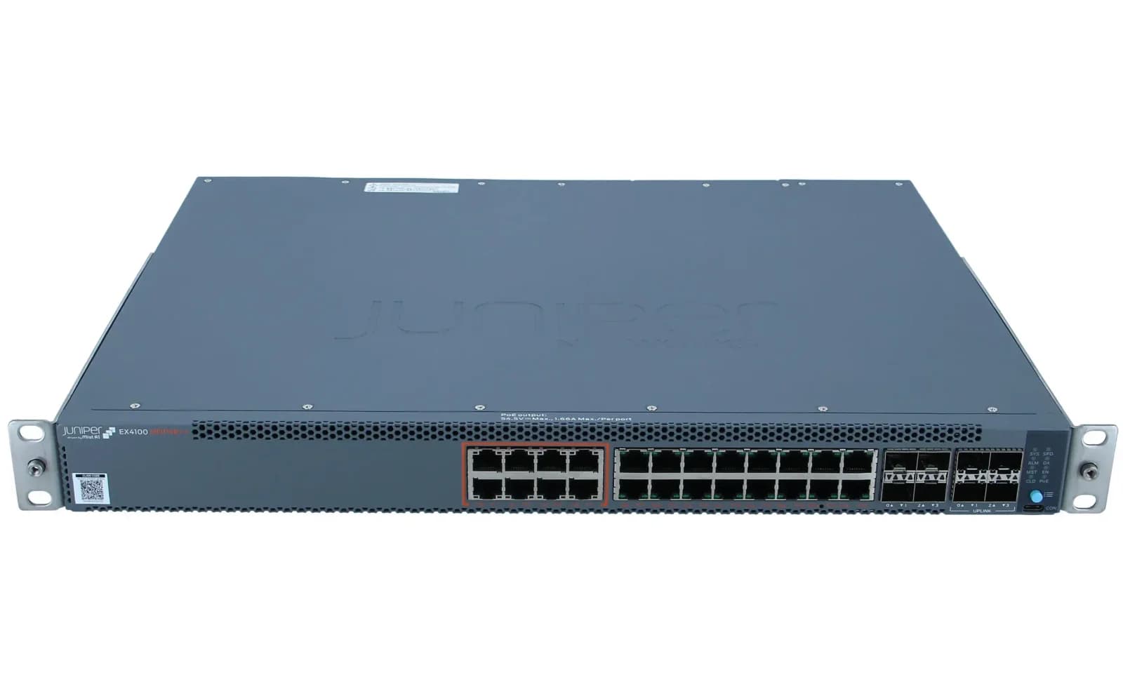 Juniper Multigigabit 24 port, PoE++(up to 90 W) switch, 8x100 MB/ 1GbE/2.5GbE/5GbE/10GbE + 16x10 MB/100 MB/1GbE, 4x10GbE uplinks, 4x25GbE (EX4100-24MP)