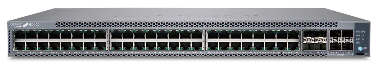 Juniper 48-port 10/100/1000BASE-T PoE+ switch, 4x10GbE uplinks, 4x25GbE stacking/uplink ports, redundant fans 1x JPSU-920-AC-AFO included (EX4100-48P)