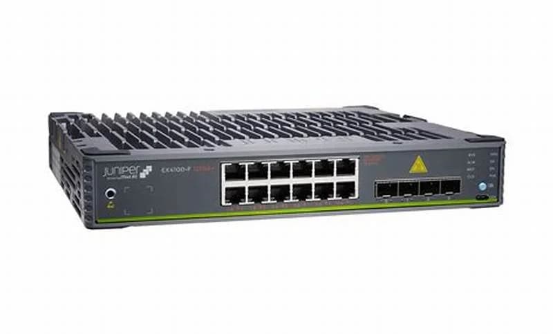 Juniper 12-port 10/100/1000BASE-T switch, 2x100Mb/1GbE/2.5GbE/ 5GbE/10GbE uplinks, 4x10GbE stacking/uplink ports (EX4100-F-12T)