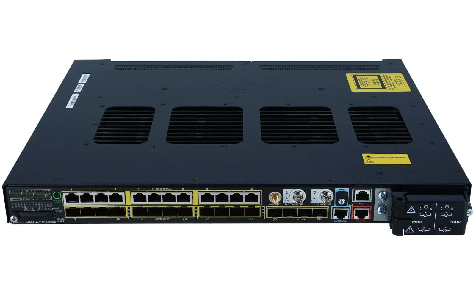 Cisco Industrial Ethernet 5000 Series, Switch, Managed, 16 x Gigabit SFP + 12 x 10/100/1000 (PoE+), rack-mountable, PoE+, TAA Compliant (IE-5000-16S12P)