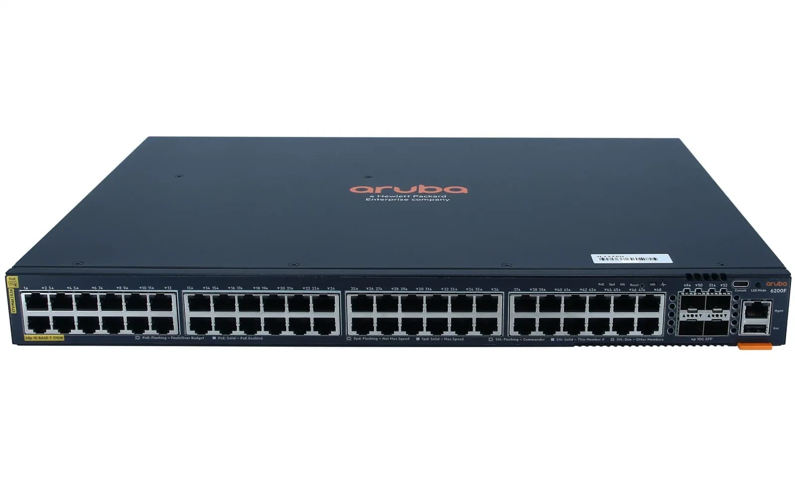 HPE Aruba 6200F 48G Class4 PoE 4SFP+ 370W Switch, Switch, L3, managed, 48 x 10/100/1000 (PoE+), + 4 x 1 Gigabit / 10 Gigabit SFP+, PoE+ (JL727A)
