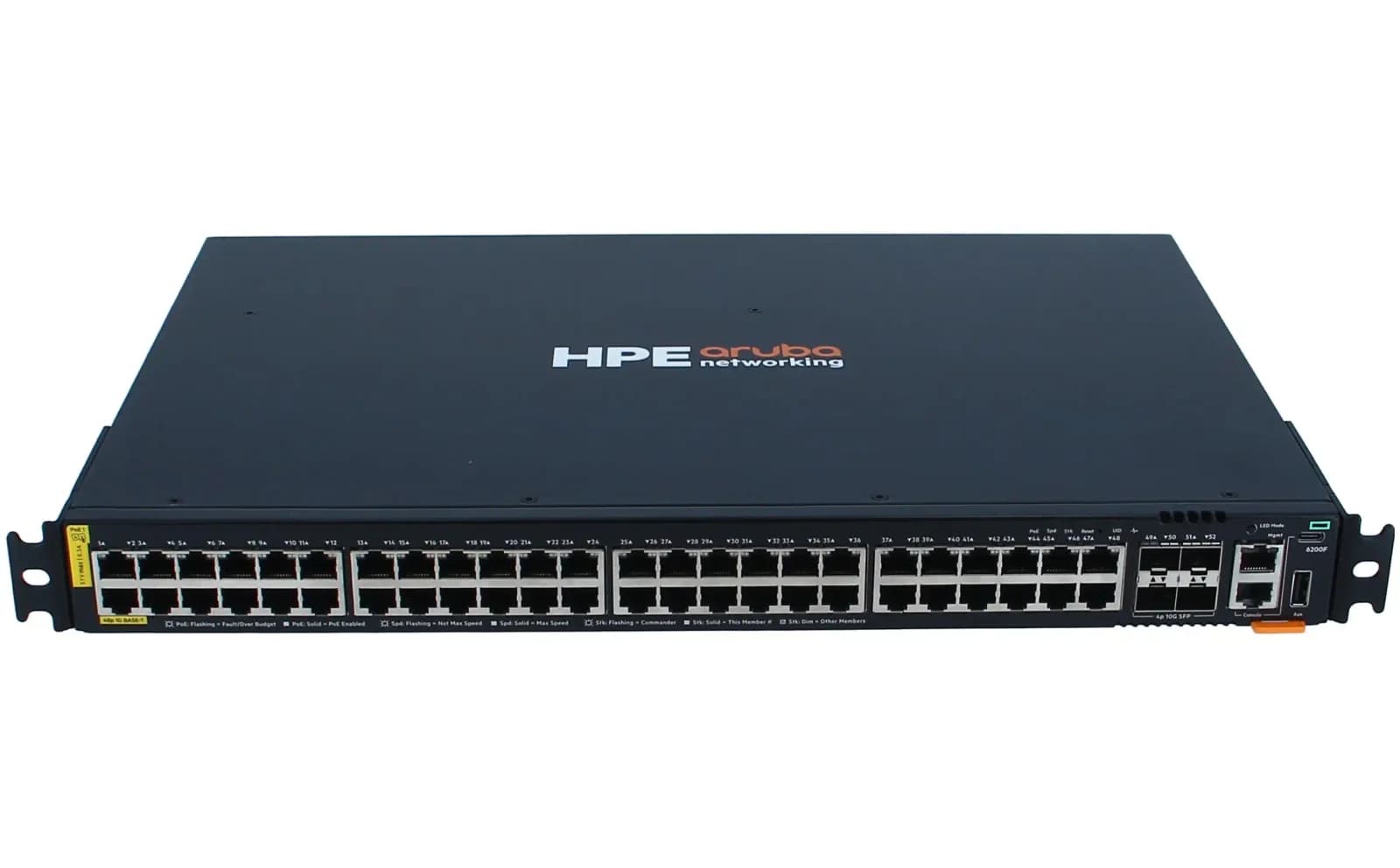 HPE Aruba 6200F, Switch, L3, Managed, 48 x 10/100/1000 (PoE+) + 4 x 1 Gigabit / 10 Gigabit SFP+ (uplink), front and side to back, (JL727B)