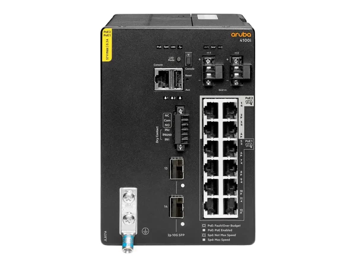 HPE Aruba 4100i, Switch, 8 x 10/100/1000 (PoE Class 4), + 4 x 10/100/1000 (PoE Class 6) + 2 x SFP+, DIN relsinə quraşdırılan, PoE Class 4 (JL817A)
