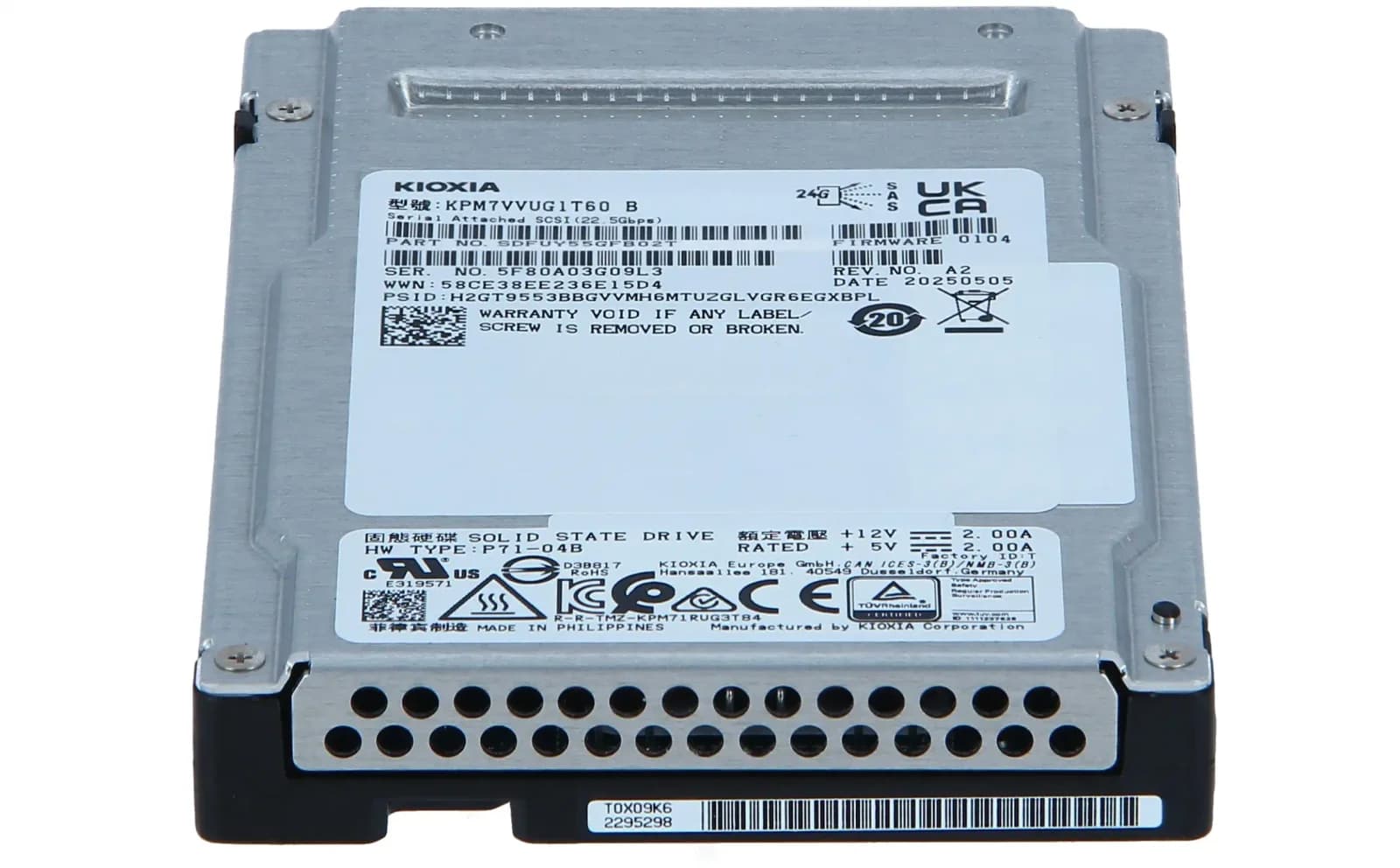 Kioxia PM7-V Series KPM7VVUG1T60, SSD, Enterprise, encrypted, 1600 GB, internal, 2.5", SAS 24Gb/s, Self-Encrypting Drive (SED) (KPM7VVUG1T60)