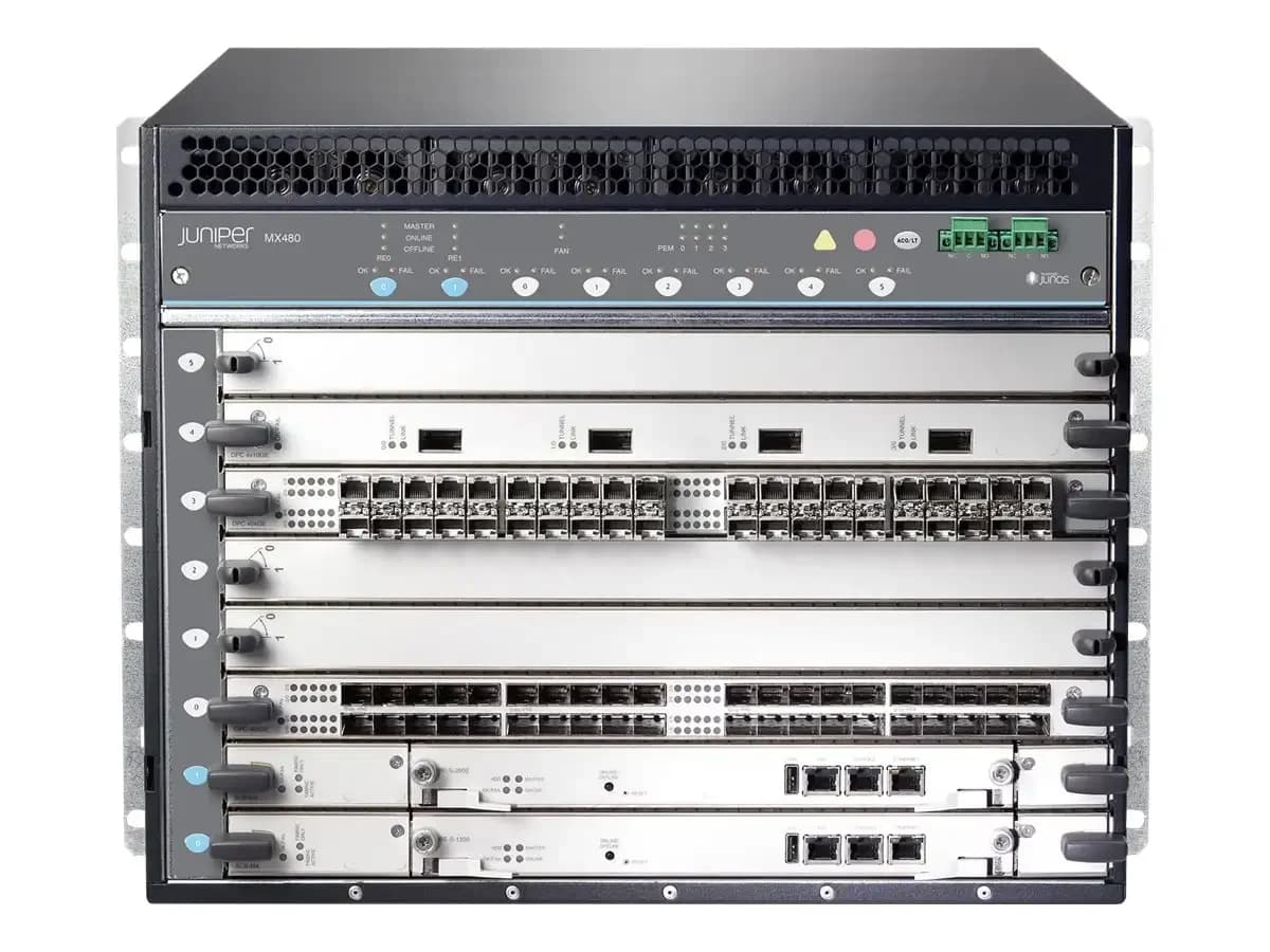Juniper MX-series MX480, Router, 40 Gigabit LAN, 100 Gigabit Ethernet, 400 Gigabit LAN, side to side airflow, rack-mountable (MX480-PREMIUM3-AC)