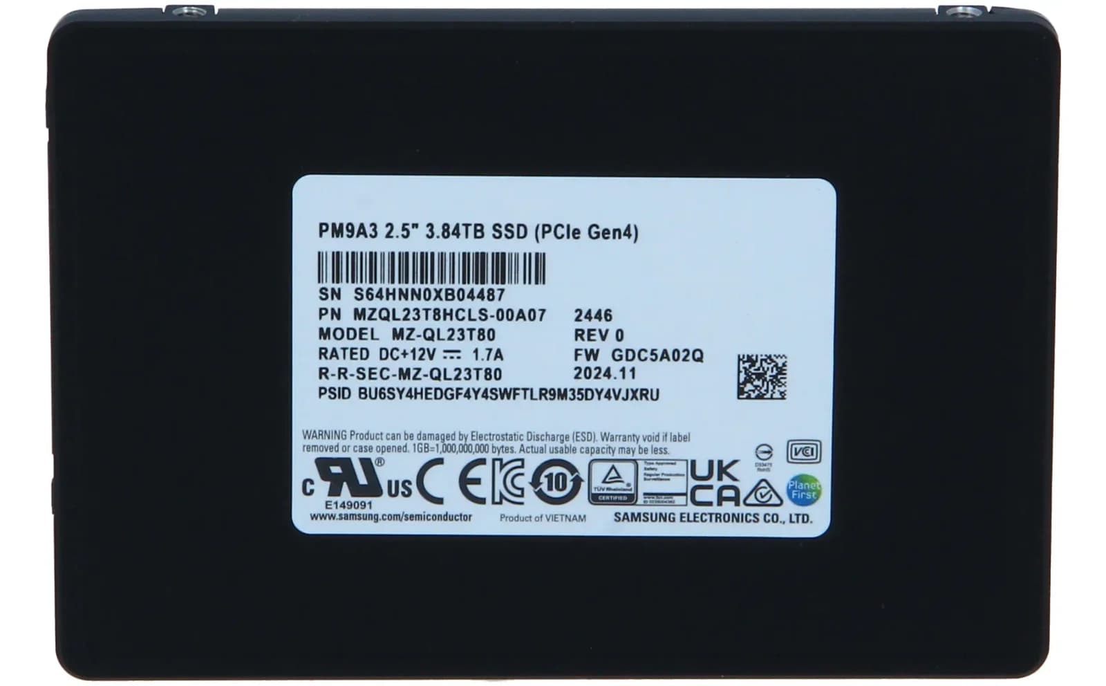 Samsung PM9A3 MZQL23T8HCLS, SSD, encrypted, 3.84 TB, internal, 2.5", U.2 PCIe 4.0 x4 (NVMe), 256-bit AES-XTS, TCG Opal Encryption (MZQL23T8HCLS-00A07)