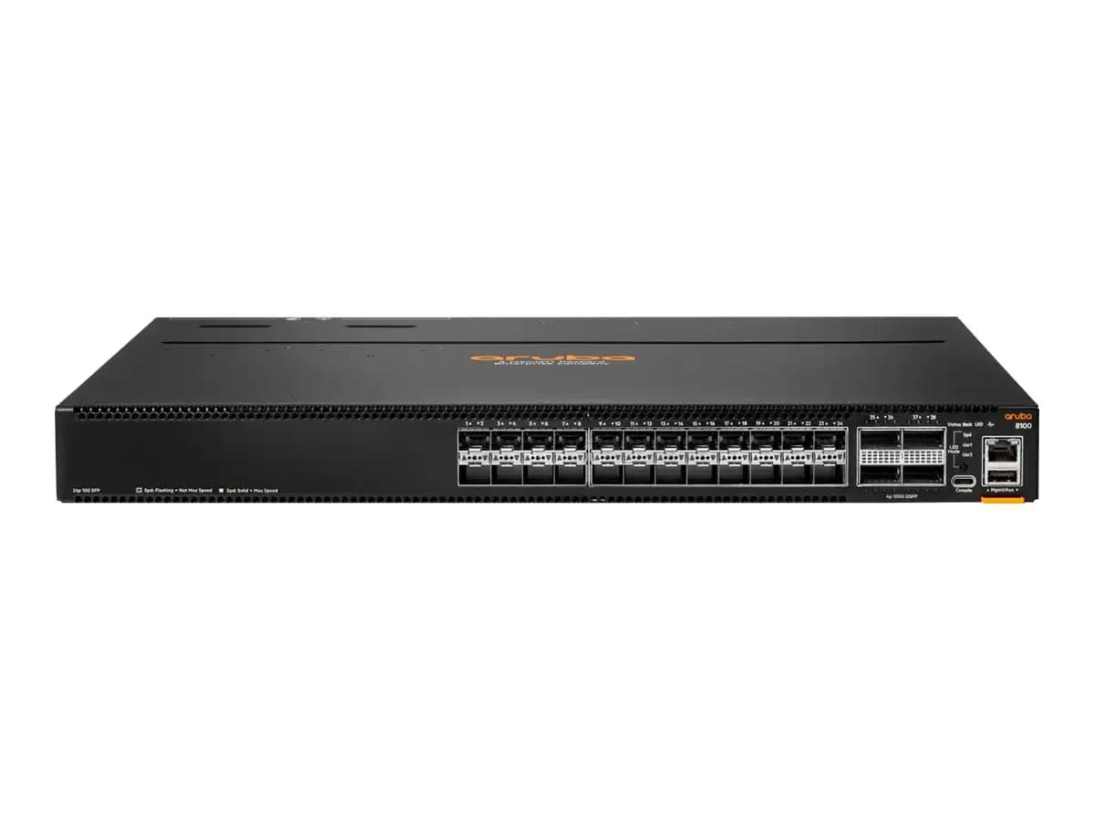 HPE Aruba Networking CX 8100, Switch, L3, Managed, 24 x 1 Gigabit / 10 Gigabit SFP / SFP+ + 4 x 40 Gigabit QSFP+ / 100 Gigabit QSFP28, back (R9W87A)