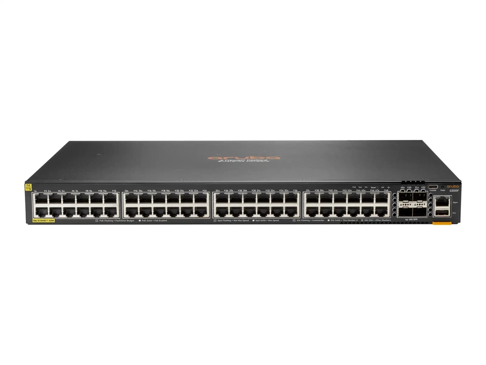 HPE Aruba Networking CX 6200F 48G Class 4 PoE 4SFP 740W Switch, L3, Managed, 48 x 10/100/1000 (PoE+) + 4 x 100/1000 SFP, front and side to (S0M85A)