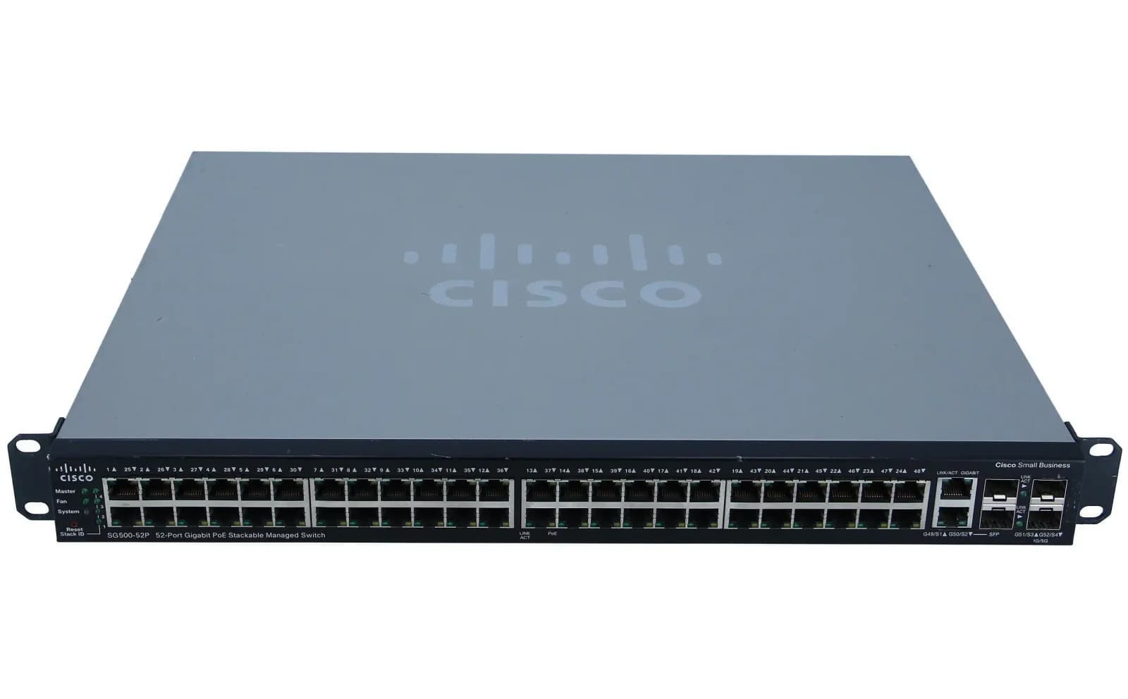 Cisco Small Business SG500-52P, Switch, Managed, 48 x 10/100/1000 (PoE) + 2 x combo Gigabit SFP + 2 x SFP, rack-mountable, PoE (SG500-52P-K9)