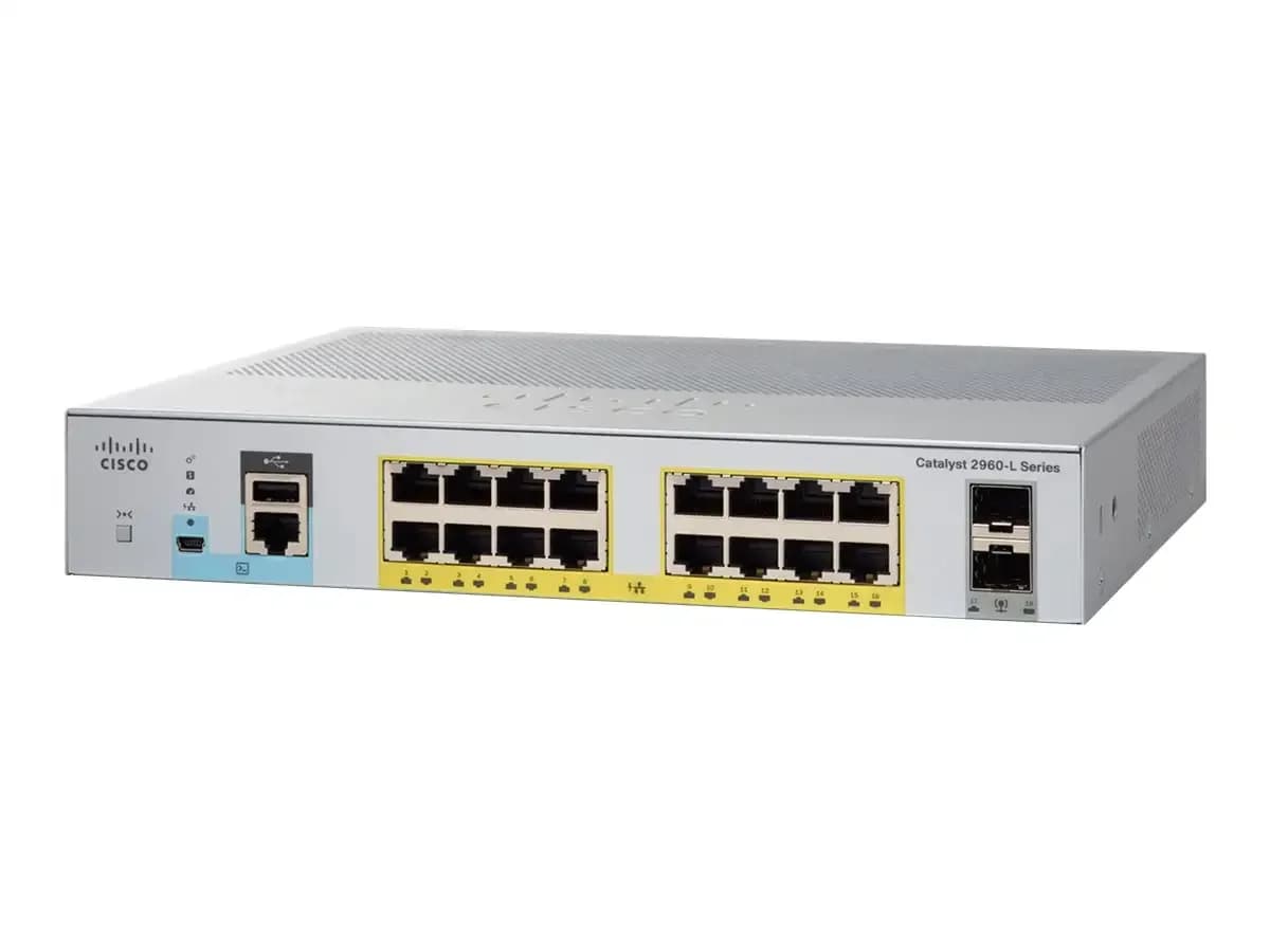 Cisco Catalyst 2960L-см-16PS, Switch, smart, 16 x 10/100/1000 + 2 x Gigabit SFP (uplink), plug-in module, PoE+ (120 W) (WS-C2960L-см-16PS)