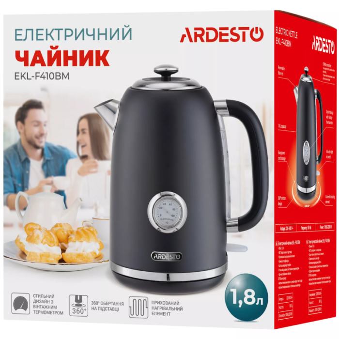 ARDESTO Electric kettle Vintage Dream, 1.8L, metal, matte, Strix, black (EKL-F410BM)5