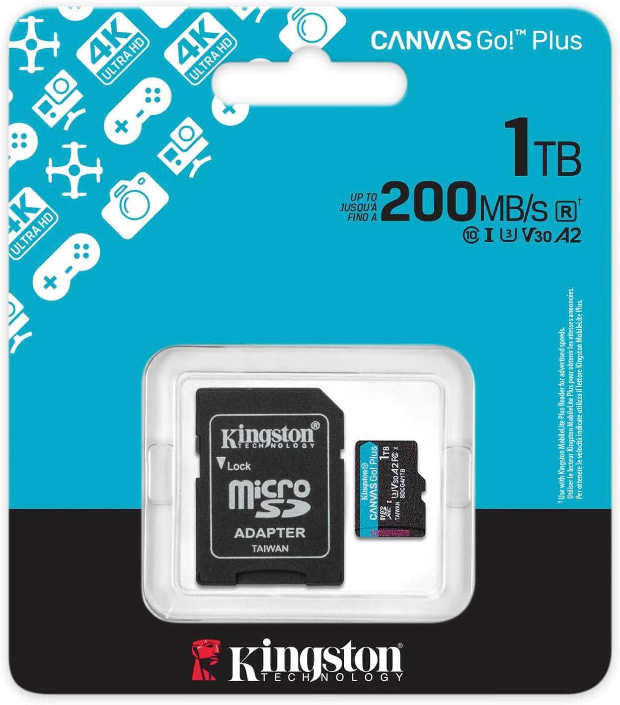 Kingston Canvas Go Plus 1TB microSD Card Up to 200MB s Class 10, UHS-I, U3, V30, A2 SDCG4 1TB 3 micro-SDXC — 1TB microSDXC Canvas Go! Plus Gen4 R:200/W:160 UHS-I Class 10 V30 U3 A2 + adapter (SDCG4/1TB) - Image 1