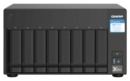 8-Bay NAS, AL324 64-bit quad-core 1.7GHz, 4GB DDR4 SODIMM RAM (1 x 4GB, max 16GB), 8 x 3.5"/ 2.5" drive slots, 2 x 10GbE SFP+ LAN, 2 x 2.5GbE LAN, 3 x USB 3.2 Gen1, 1 x PCIe 2.0 x2 slot, hardware encryption, TL/TR expansion units (TS-832PX-4G)
